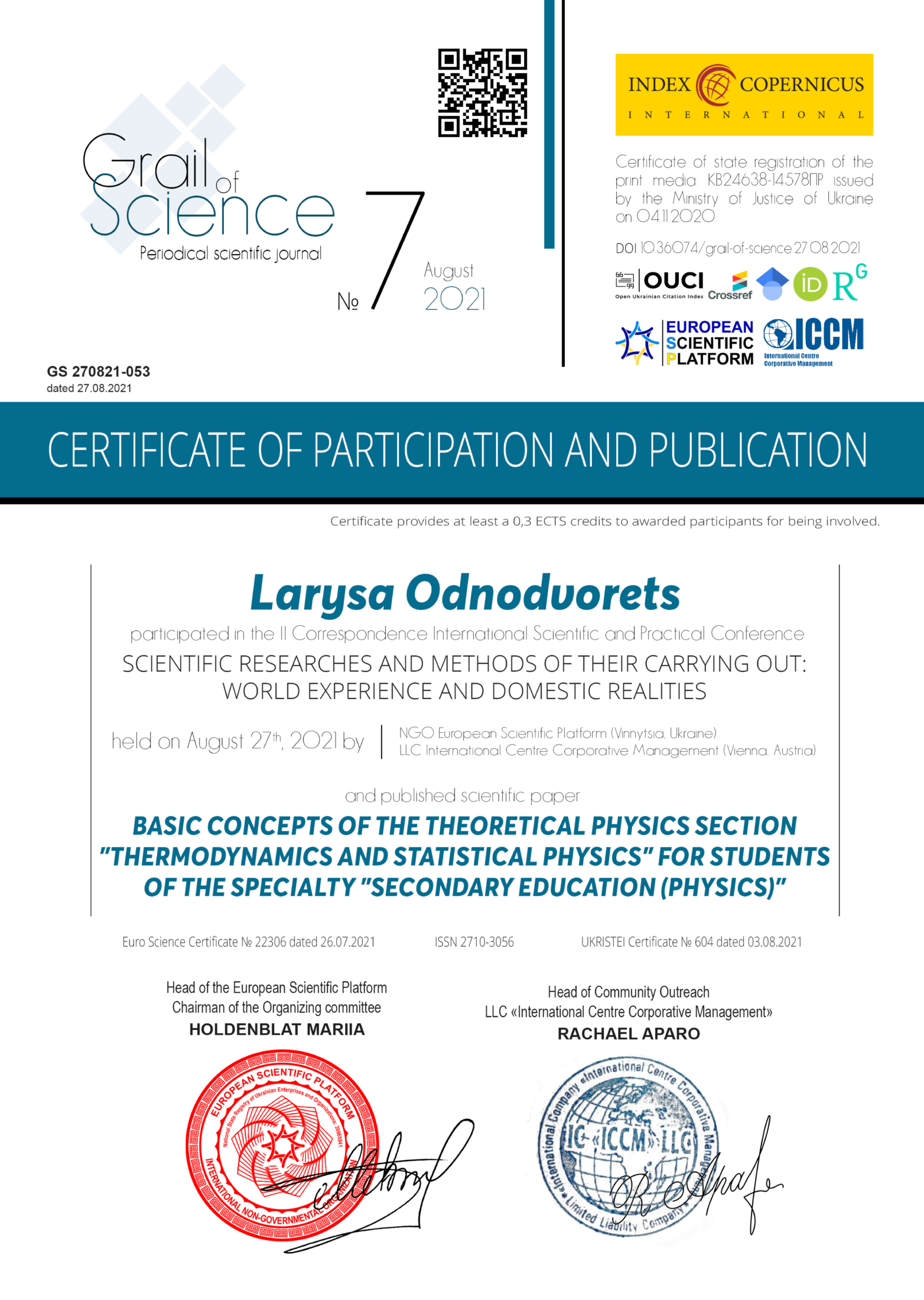 Сертифікат Larysa Odnodvorets Відень 27.08.2021 1