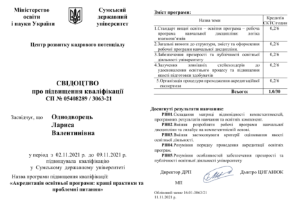 Сертифікат Однодворець Л.В. ФПК з акредитації 1